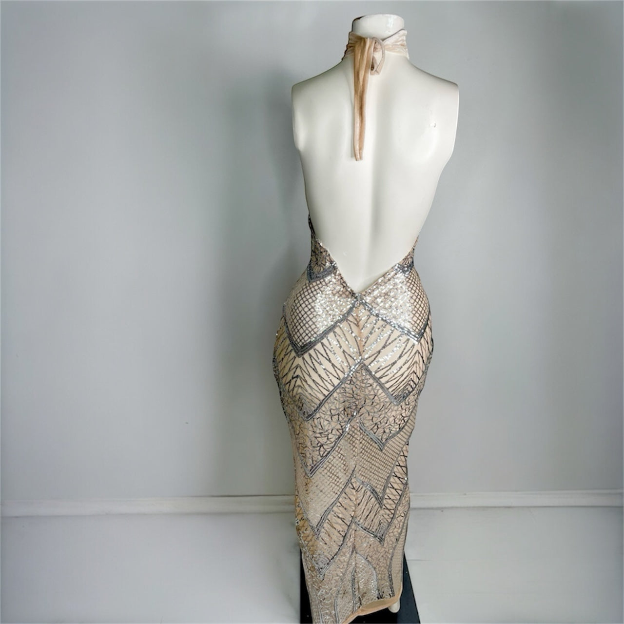 Aatami Silver Geometric Sequin Halter Dress