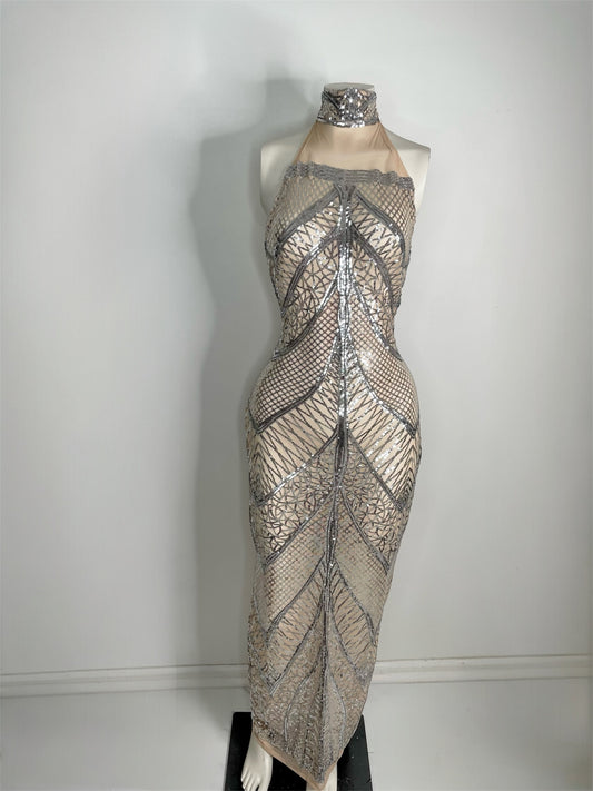 Atami Silver Geometric Sequin Halter Dress