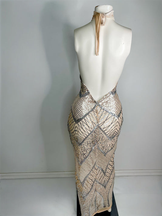 Aatami Silver Geometric Sequin Halter Dress