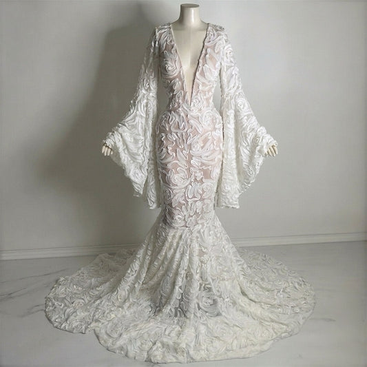 A Timeless Era 3D Rose Bell Sleeves Gown