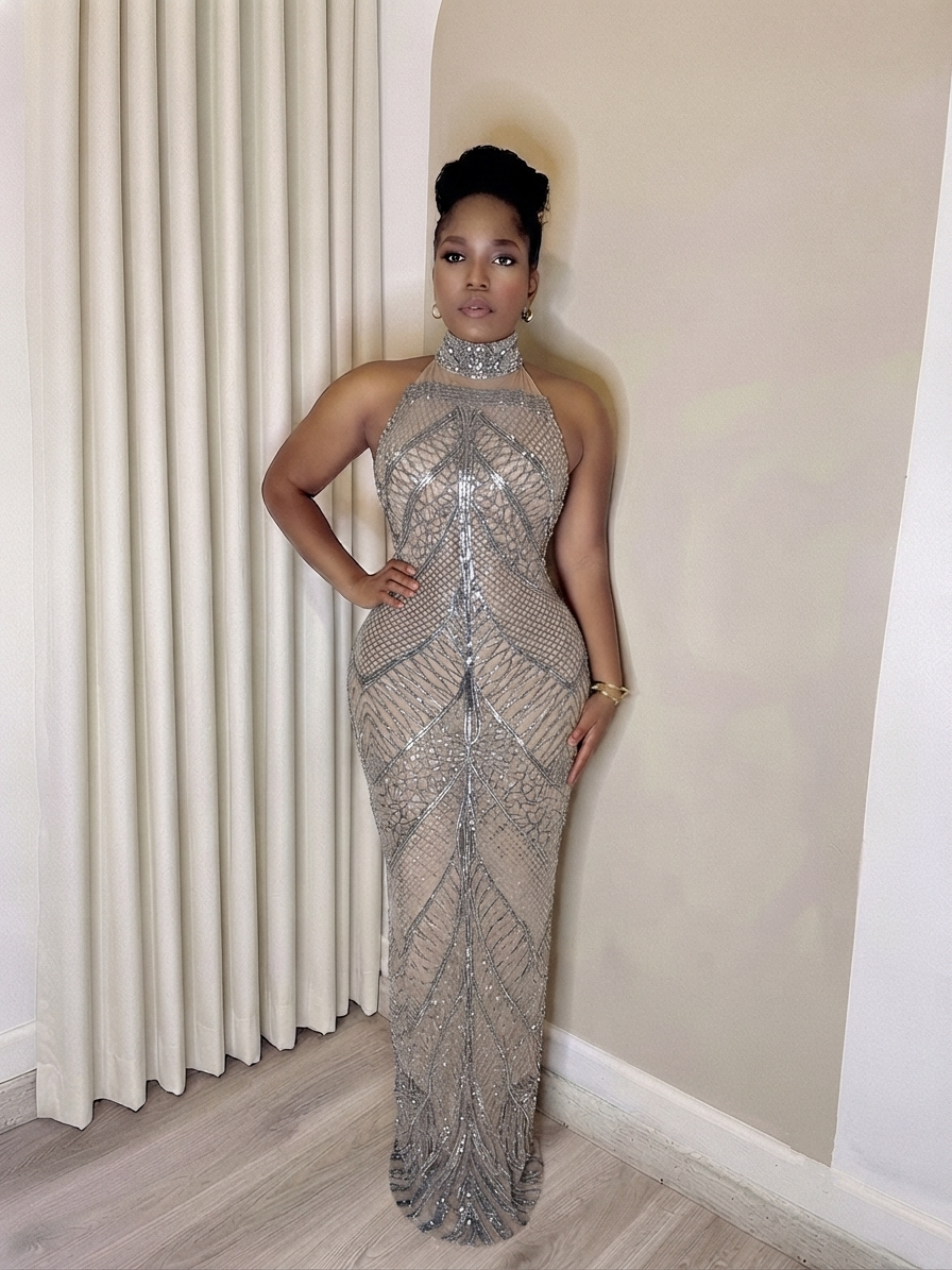 Atami Silver Geometric Sequin Halter Dress
