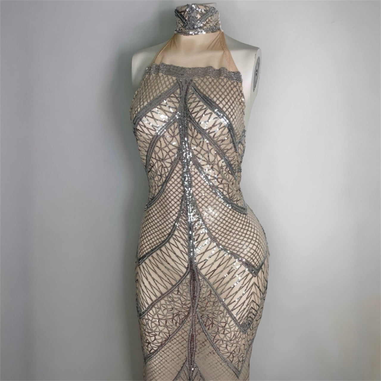 Aatami Silver Geometric Sequin Halter Dress