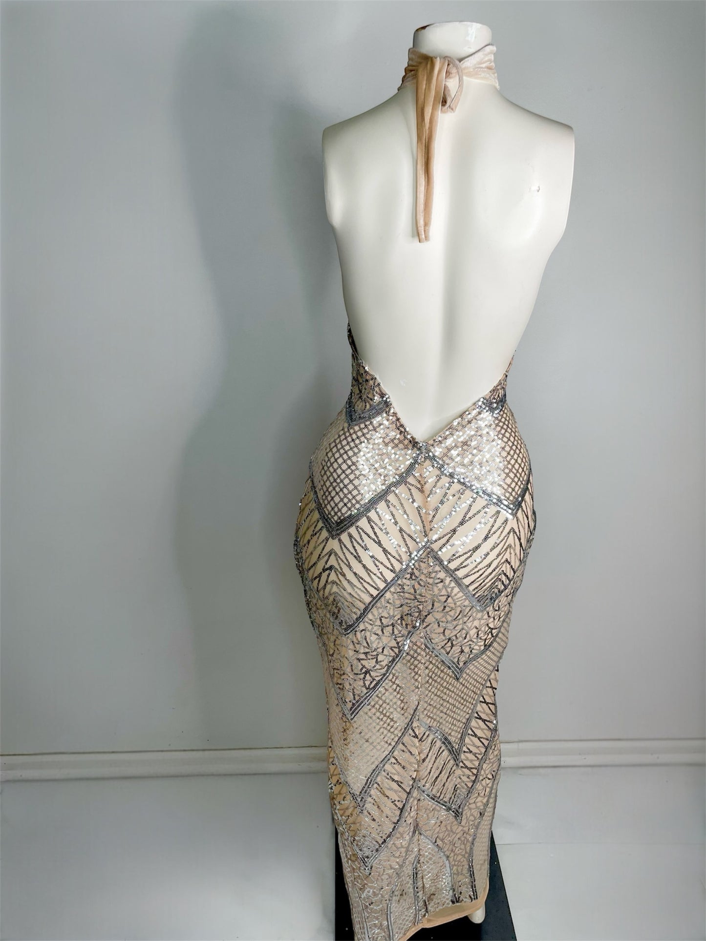 Aatami Silver Geometric Sequin Halter Dress